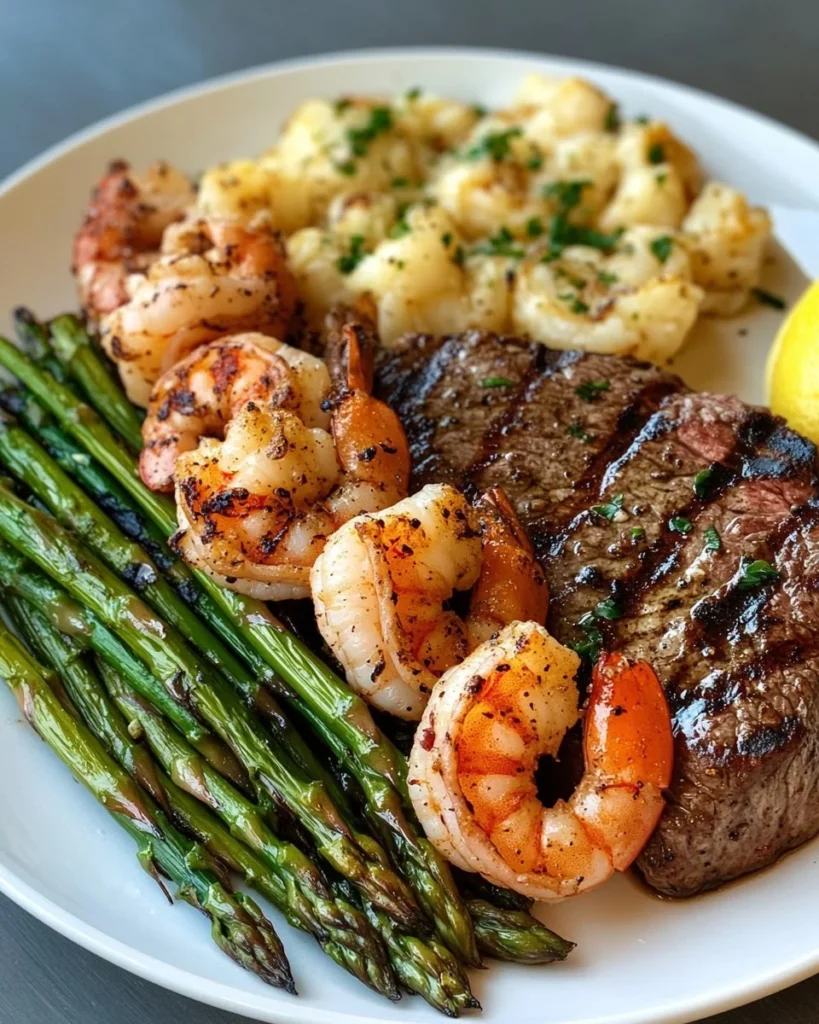 Bistec a la Parrilla con Camarones y Espárragos