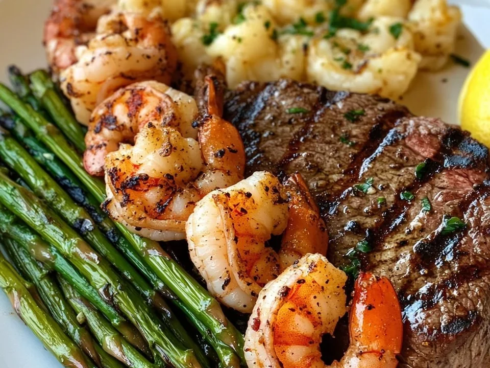 Bistec a la Parrilla con Camarones y Espárragos
