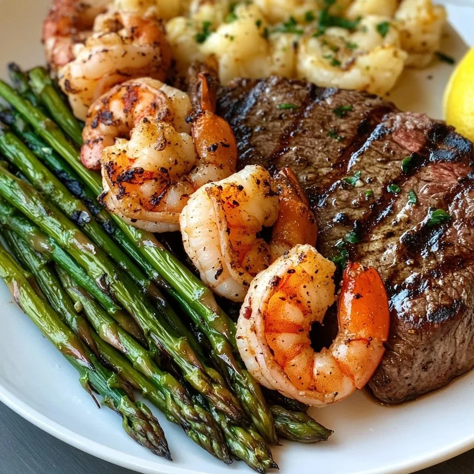 Bistec a la Parrilla con Camarones y Espárragos