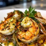 Camarones al ajo con mantequilla de hierbas y cebollas caramelizadas