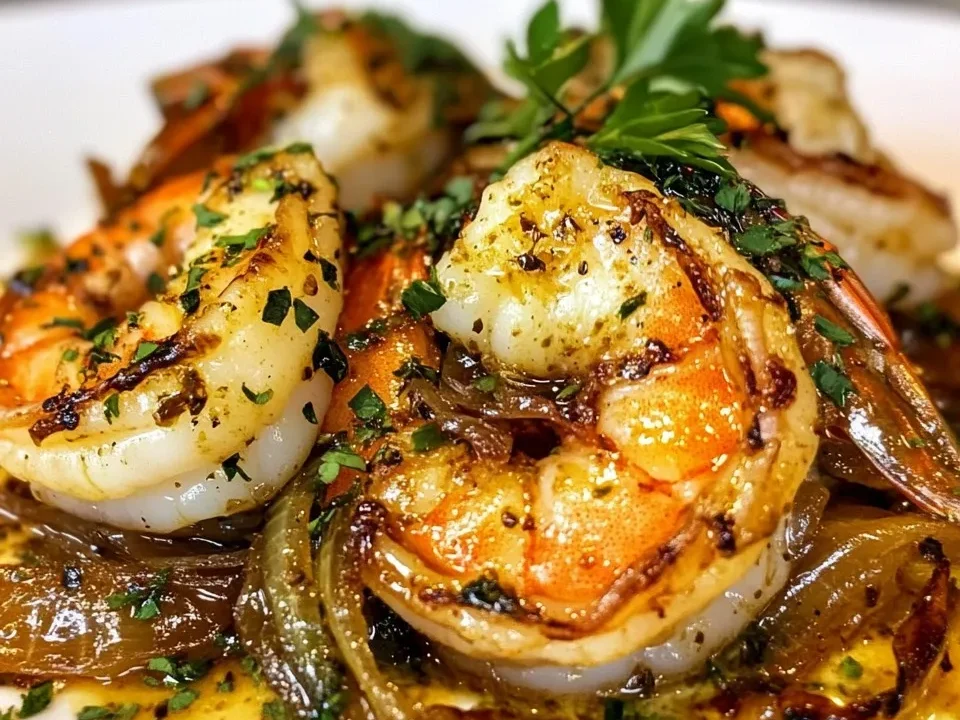Camarones al ajo con mantequilla de hierbas y cebollas caramelizadas