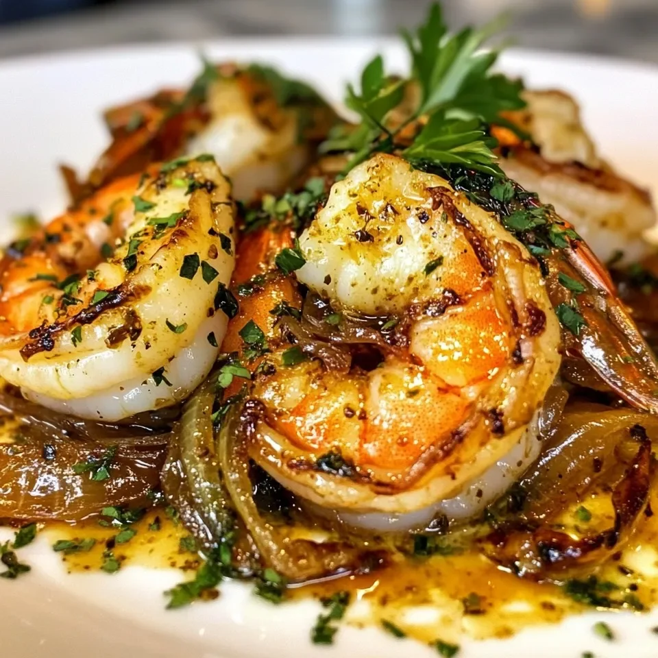 Camarones al ajo con mantequilla de hierbas y cebollas caramelizadas