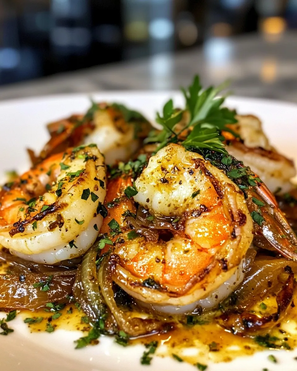 Camarones al ajo con mantequilla de hierbas y cebollas caramelizadas