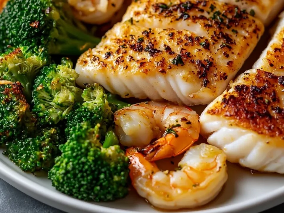 Pescado y Camarones a la Parrilla con Brócoli