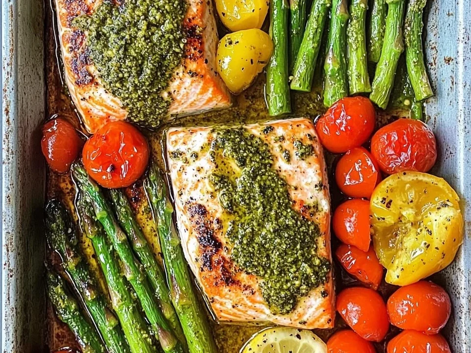 Salmón a la parrilla con pesto cremoso, espárragos y tomates cherry