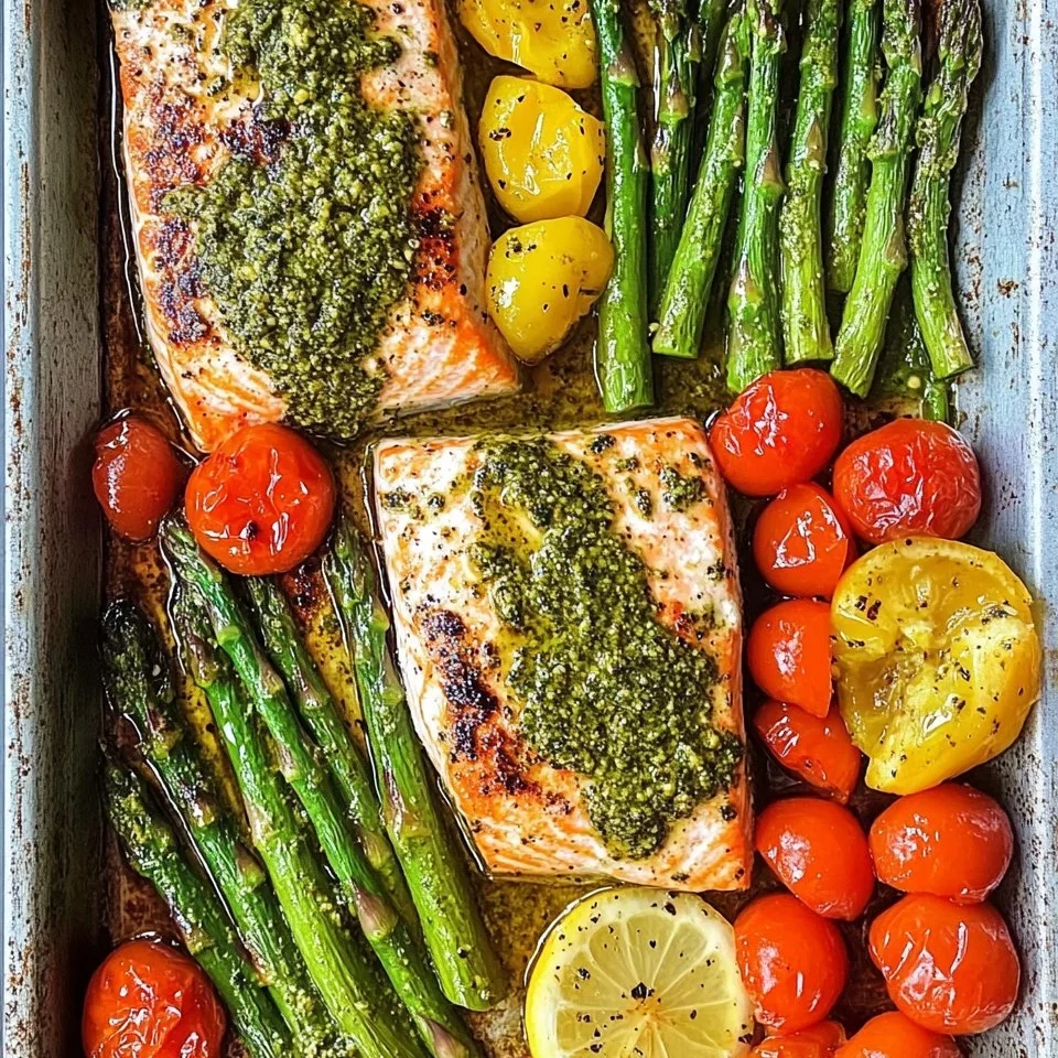 Salmón a la parrilla con pesto cremoso, espárragos y tomates cherry
