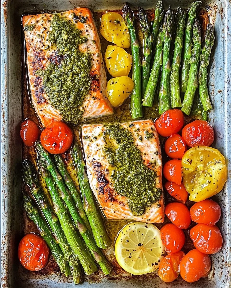 Salmón a la parrilla con pesto cremoso, espárragos y tomates cherry