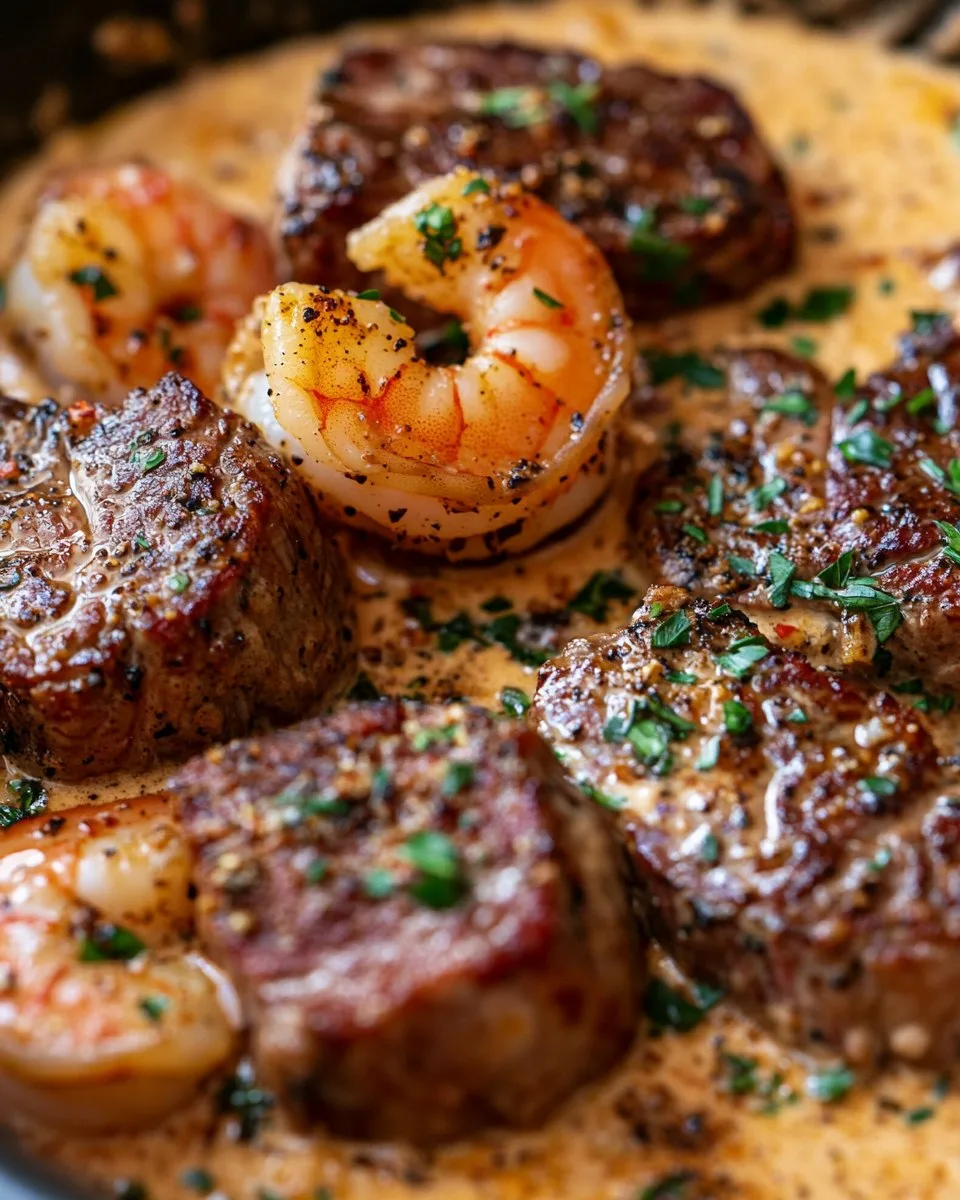 Camarones al Ajo con Carne y Salsa de Crema de Pimentón Ahumado