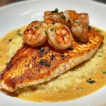 Pargo Rojo, Camarones y Grits con Salsa de Crema Cajún