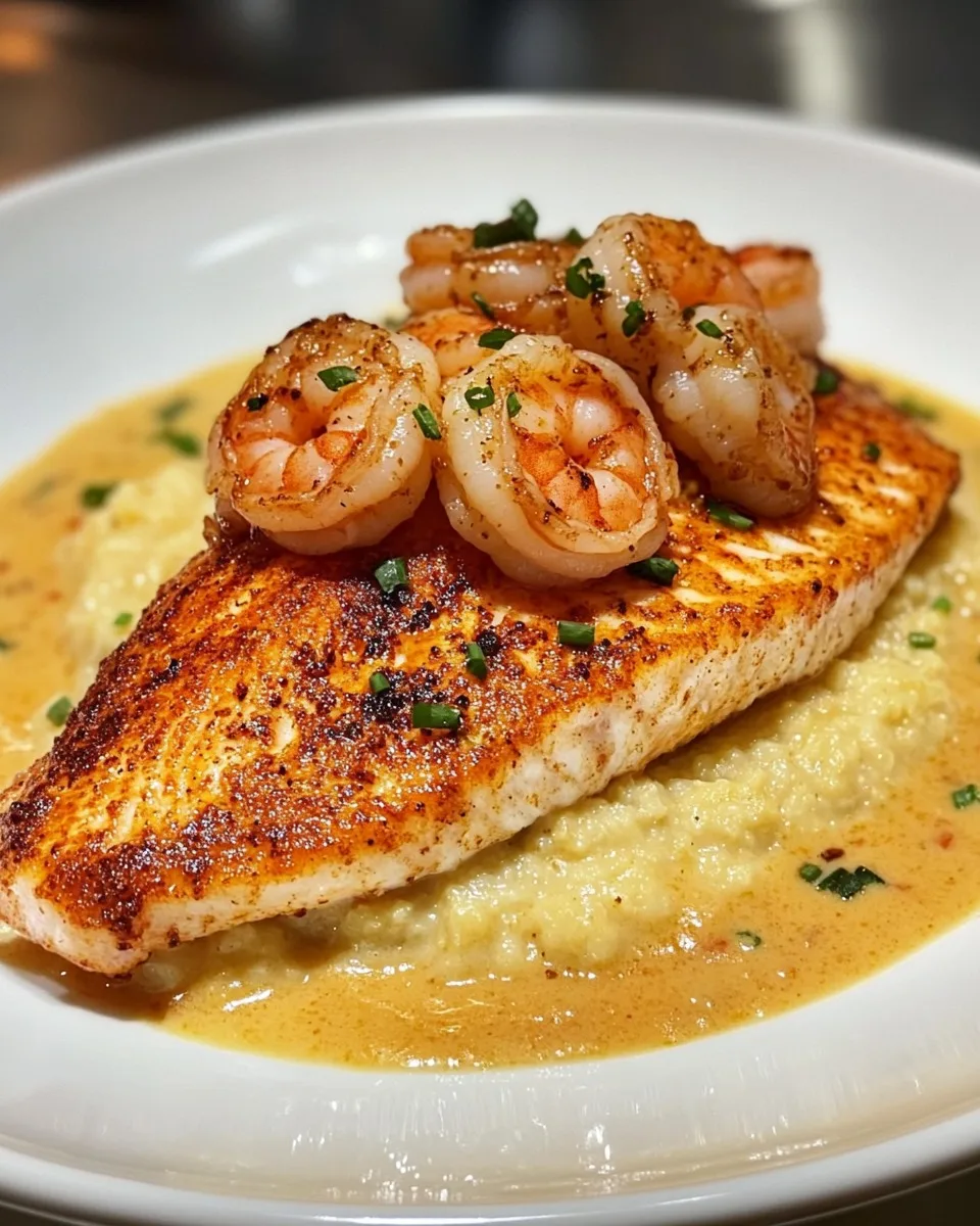Pargo Rojo, Camarones y Grits con Salsa de Crema Cajún