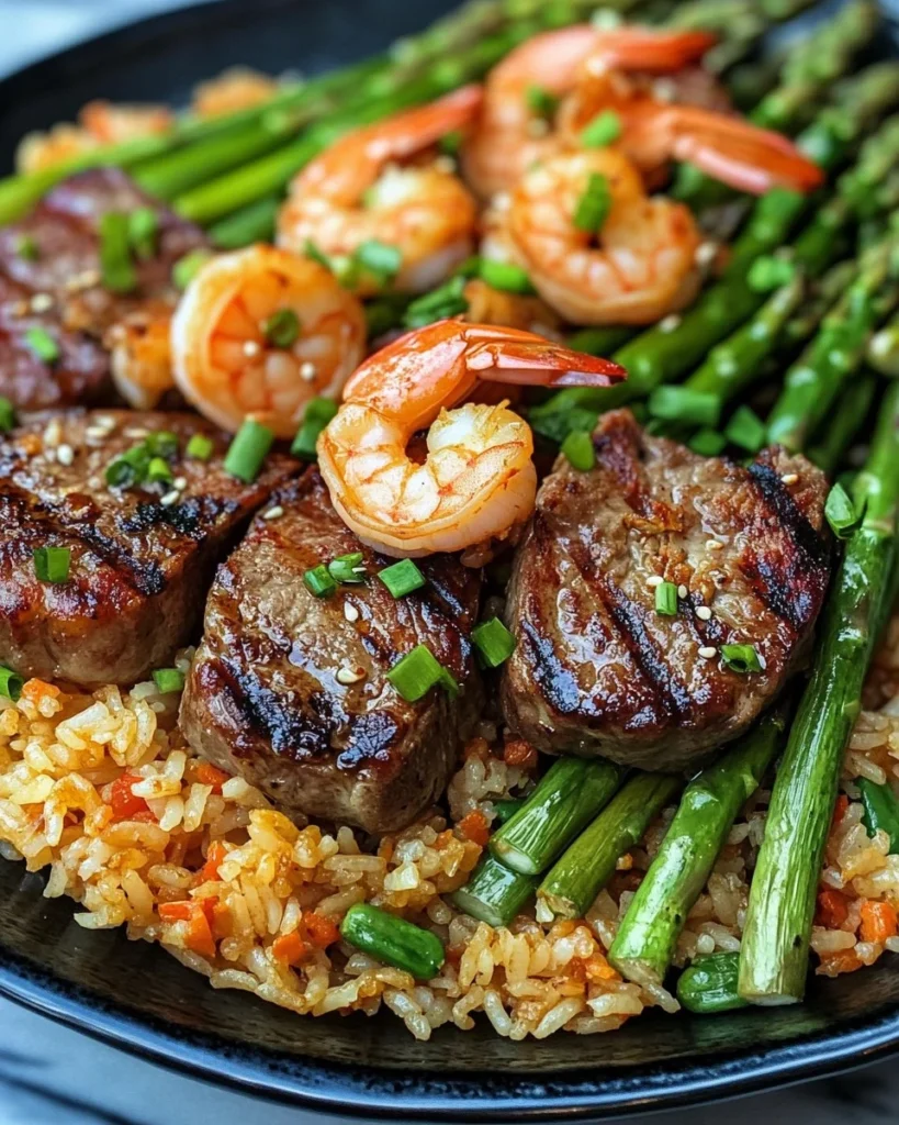 Cena de Chuletas de Cordero a la Parrilla y Camarones con Arroz Frito y Espárragos