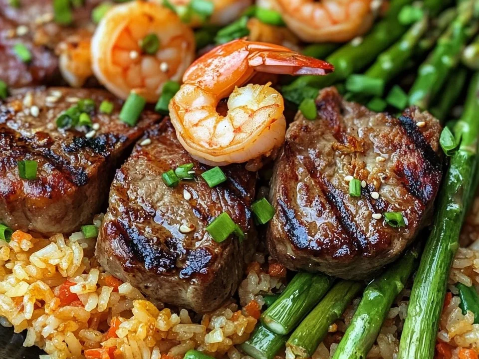 Cena de Chuletas de Cordero a la Parrilla y Camarones con Arroz Frito y Espárragos