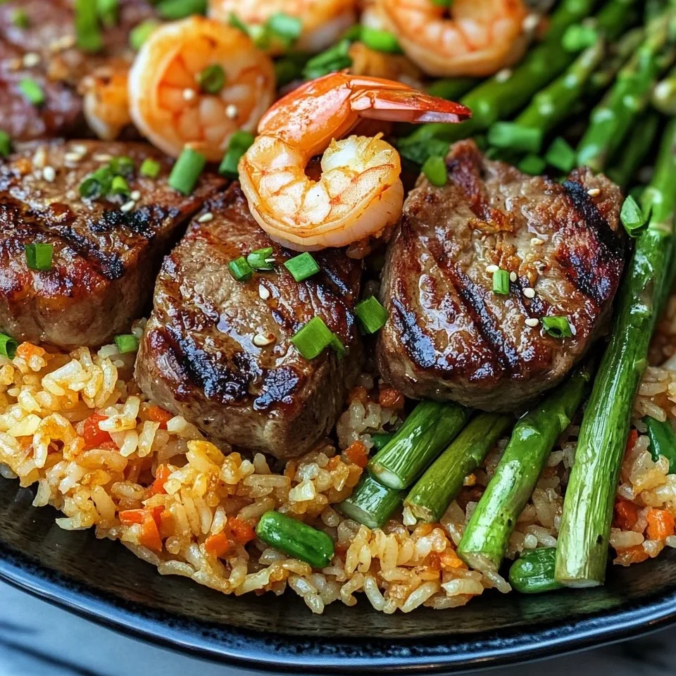 Cena de Chuletas de Cordero a la Parrilla y Camarones con Arroz Frito y Espárragos