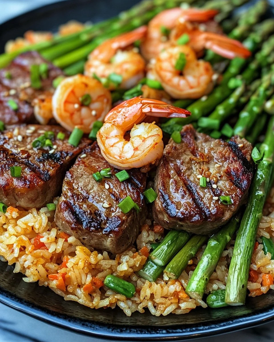Cena de Chuletas de Cordero a la Parrilla y Camarones con Arroz Frito y Espárragos