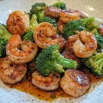 Camarones con Miel y Ajo, Salchicha y Brócoli