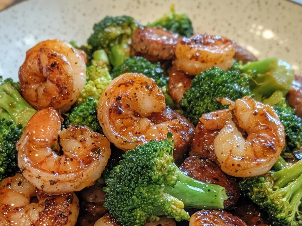 Camarones con Miel y Ajo, Salchicha y Brócoli