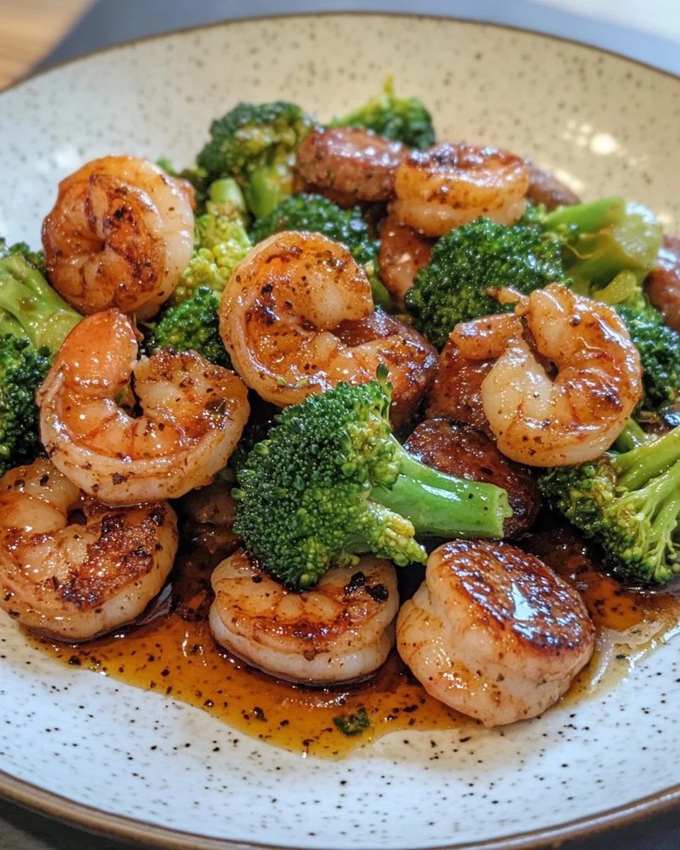Camarones con Miel y Ajo, Salchicha y Brócoli