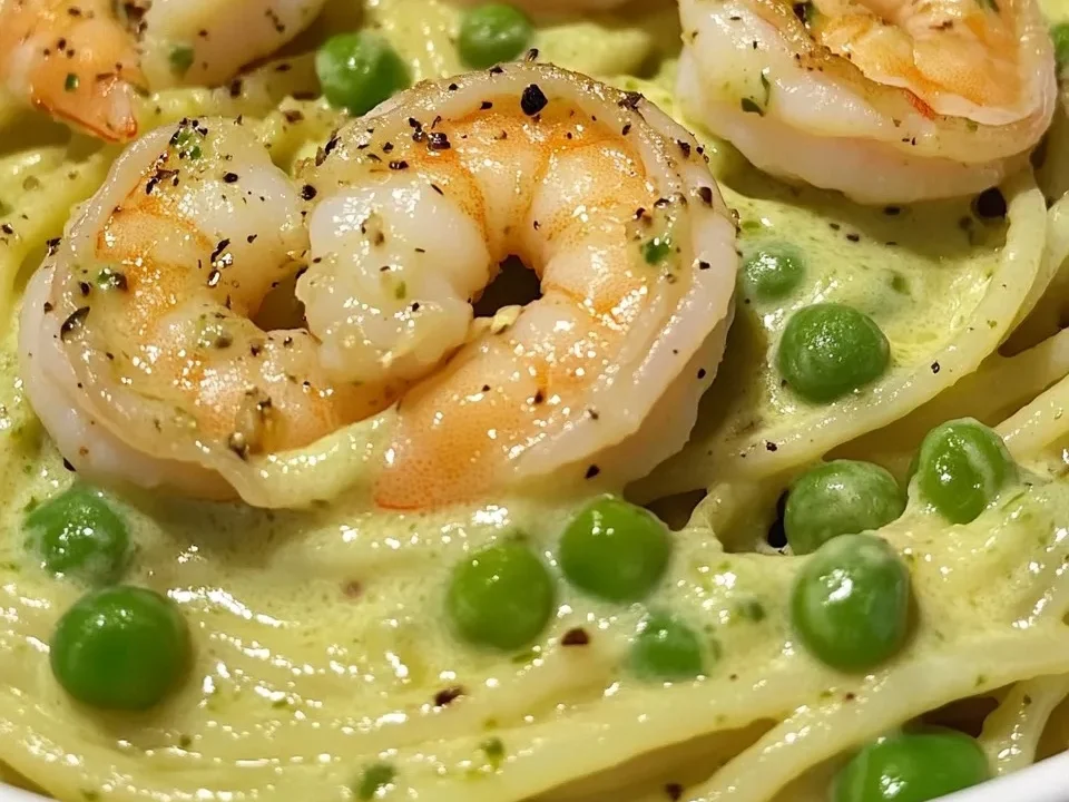Pasta cremosa de camarones al ajo con guisantes