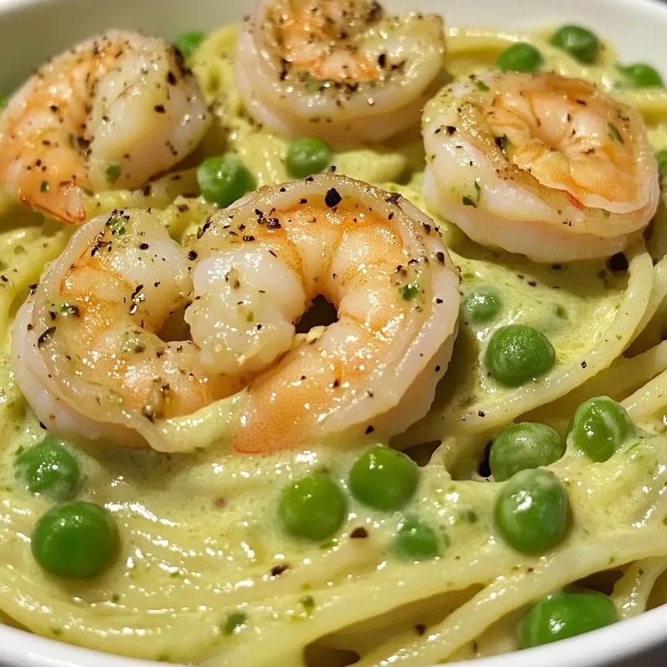 Pasta cremosa de camarones al ajo con guisantes