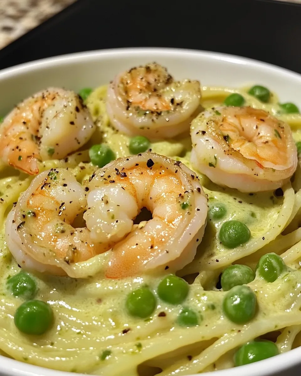 Pasta cremosa de camarones al ajo con guisantes