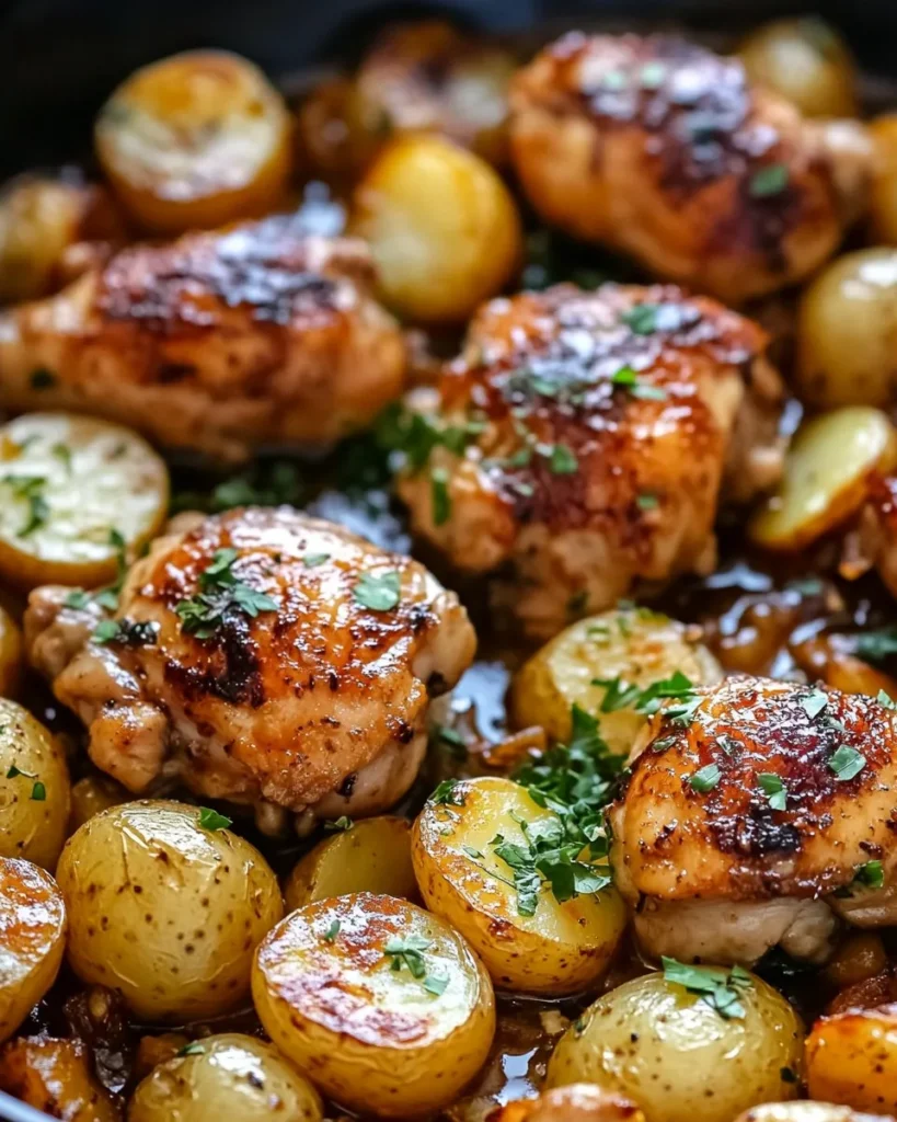 Pollo con Mantequilla de Ajo y Papas en Sartén