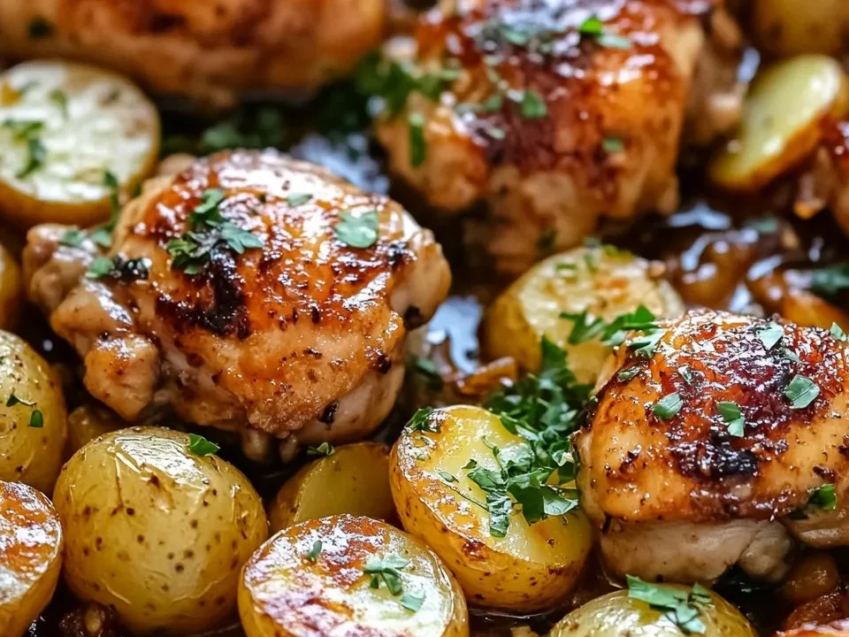 Pollo con Mantequilla de Ajo y Papas en Sartén