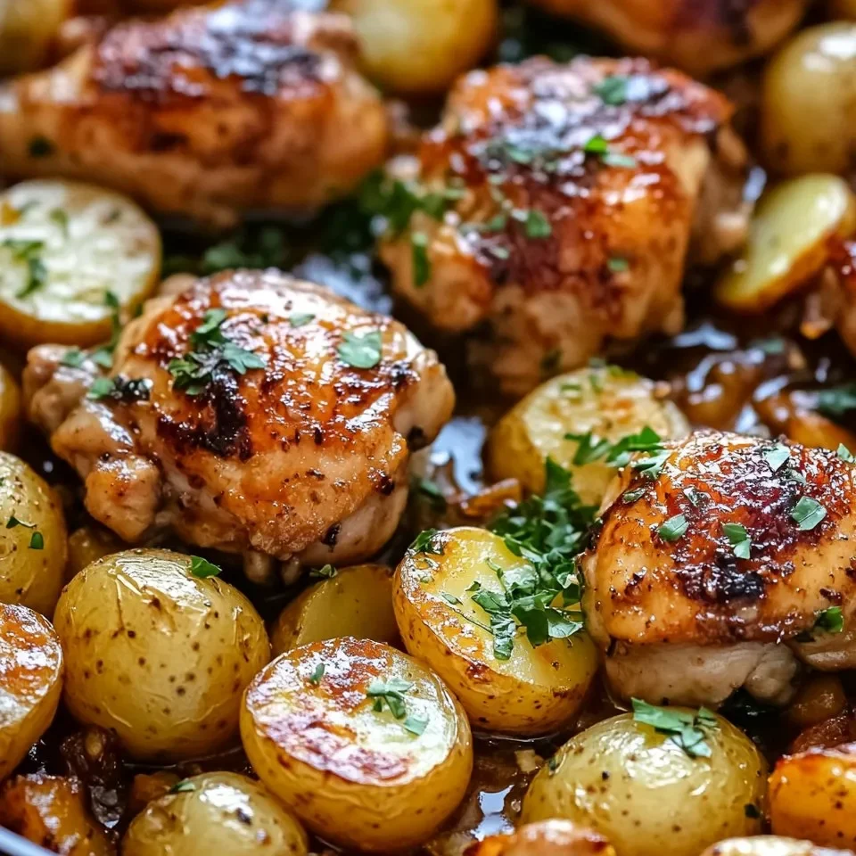 Pollo con Mantequilla de Ajo y Papas en Sartén