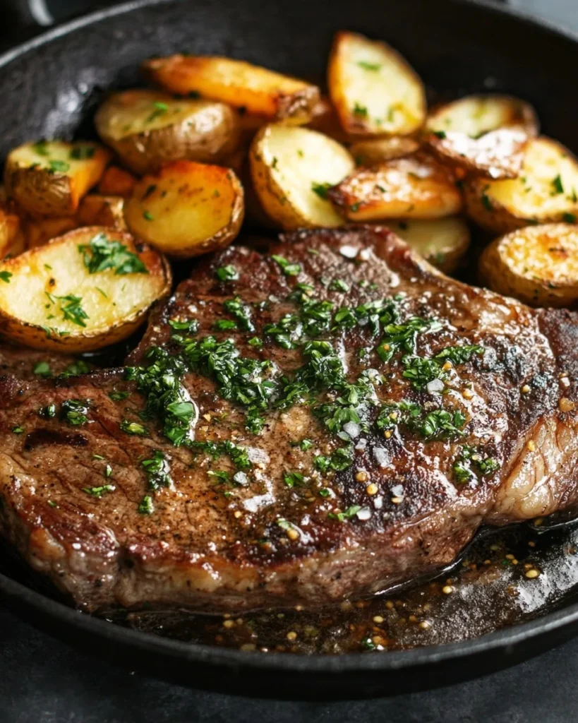 Ribeye a la Mantequilla de Ajo Aromática con Papas Fritas Crujientes