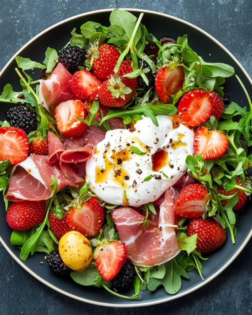 Ensalada de Fresa, Prosciutto y Burrata con Aderezo de Balsámico y Jarabe de Arce