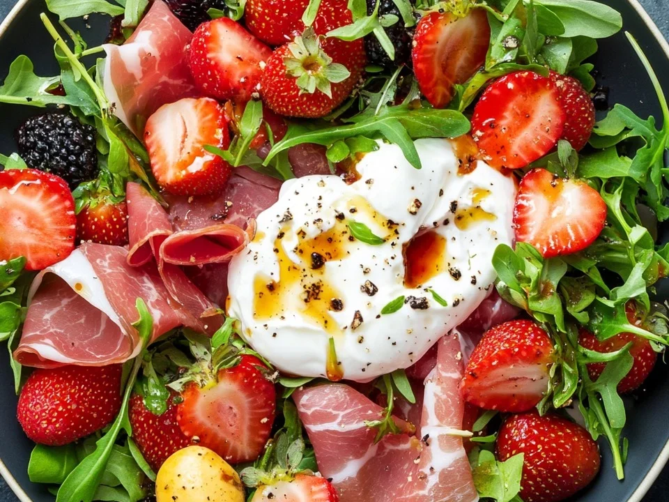 Ensalada de Fresa, Prosciutto y Burrata con Aderezo de Balsámico y Jarabe de Arce