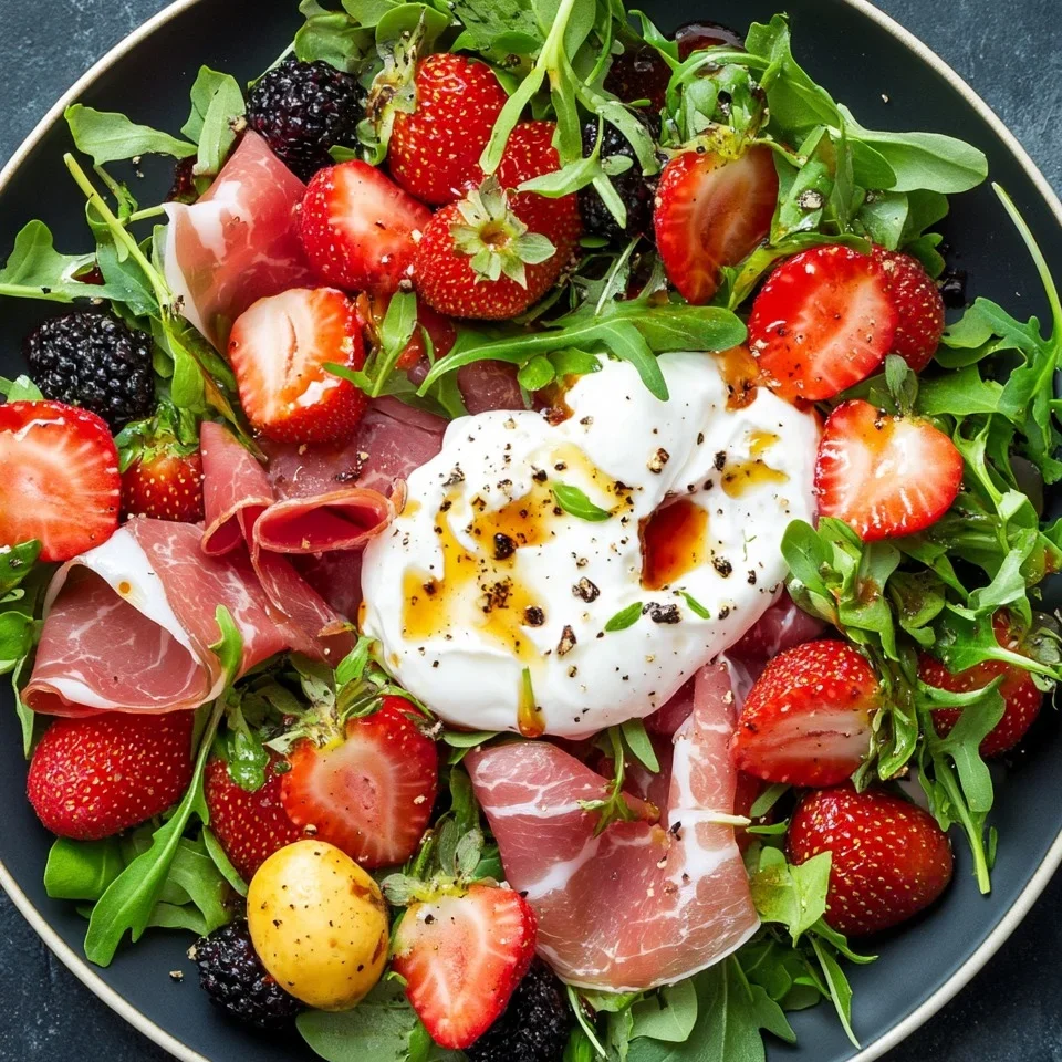 Ensalada de Fresa, Prosciutto y Burrata con Aderezo de Balsámico y Jarabe de Arce