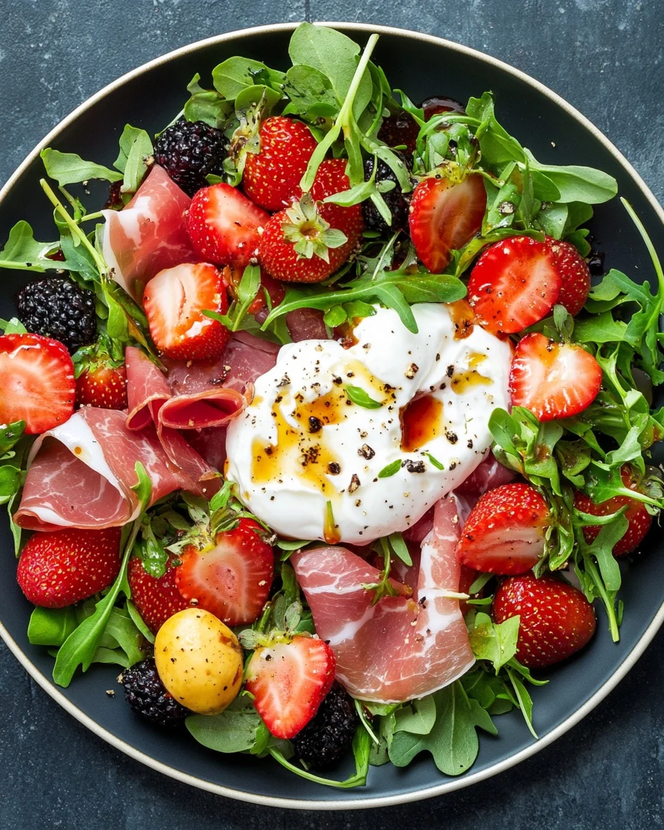 Ensalada de Fresa, Prosciutto y Burrata con Aderezo de Balsámico y Jarabe de Arce