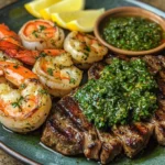 Camarones y Bistec a la Parrilla con Salsa Chimichurri deliciosos.