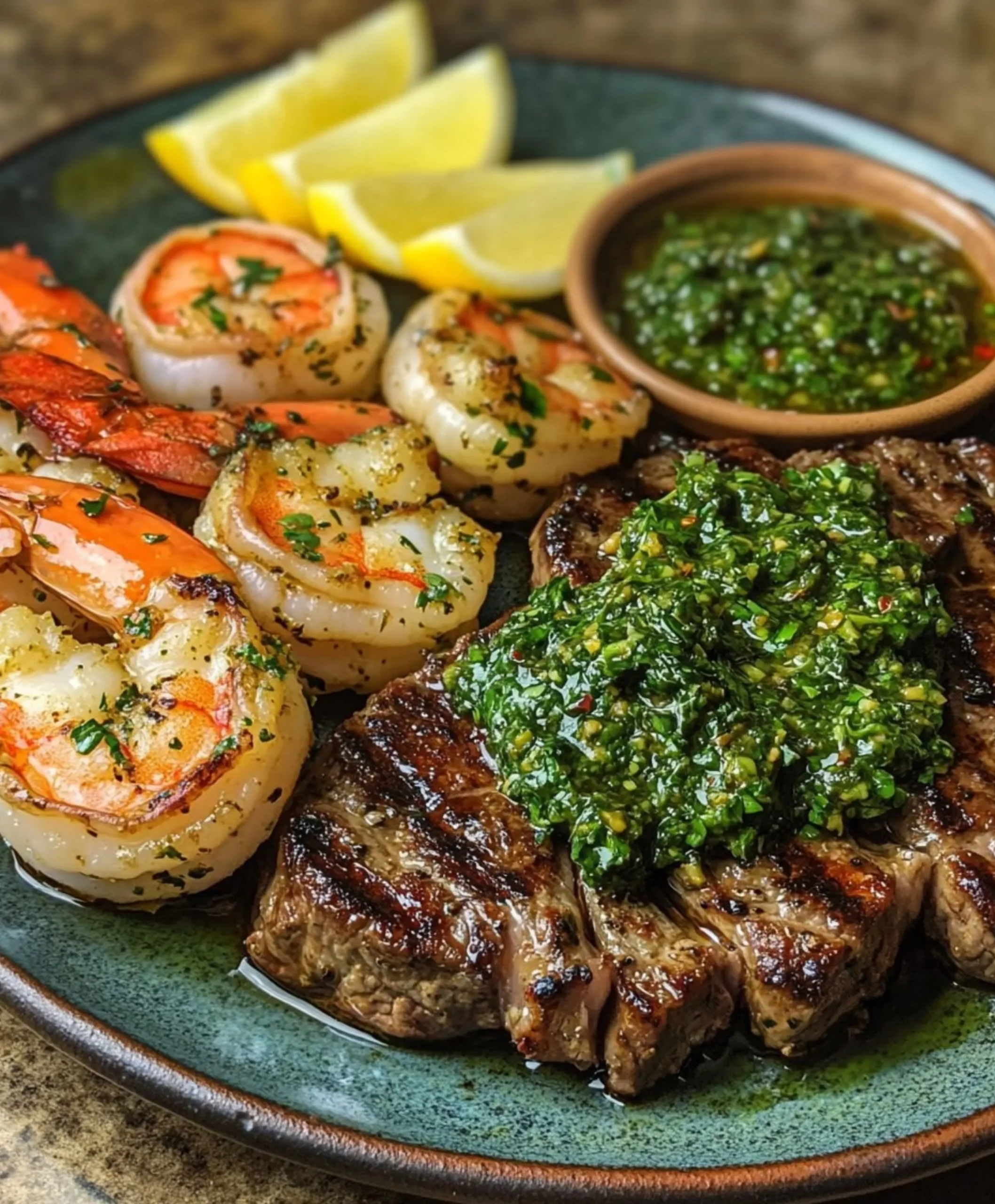 Camarones y Bistec a la Parrilla con Salsa Chimichurri deliciosos.