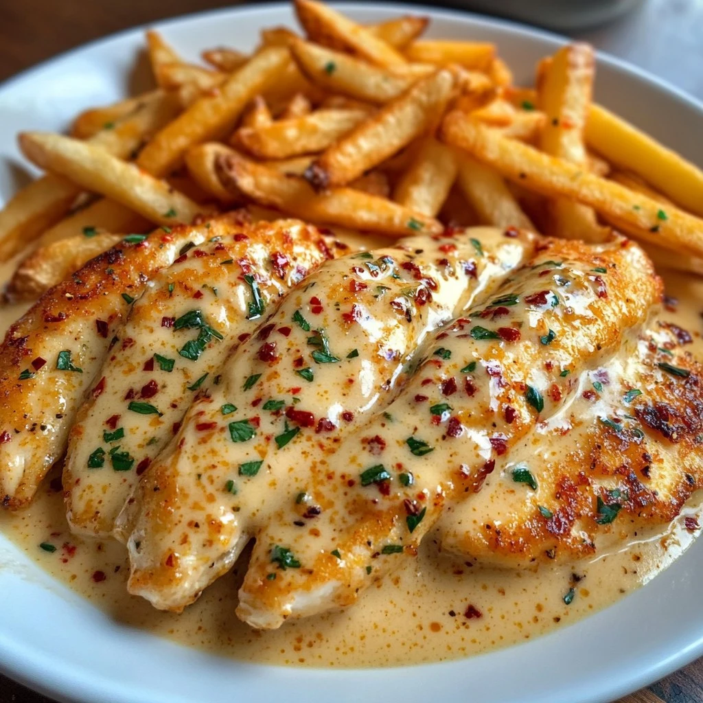 Hähnchenfilet in würziger, cremiger Knoblauch-Parmesan-Sauce.