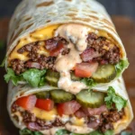 Cheeseburger-Burrito mit Rinder-Bacon und cremiger Käsesauce delicioso.