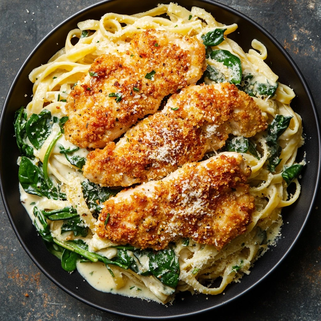 Pollo Crujiente con Pasta Cremosa para disfrutar hoy.