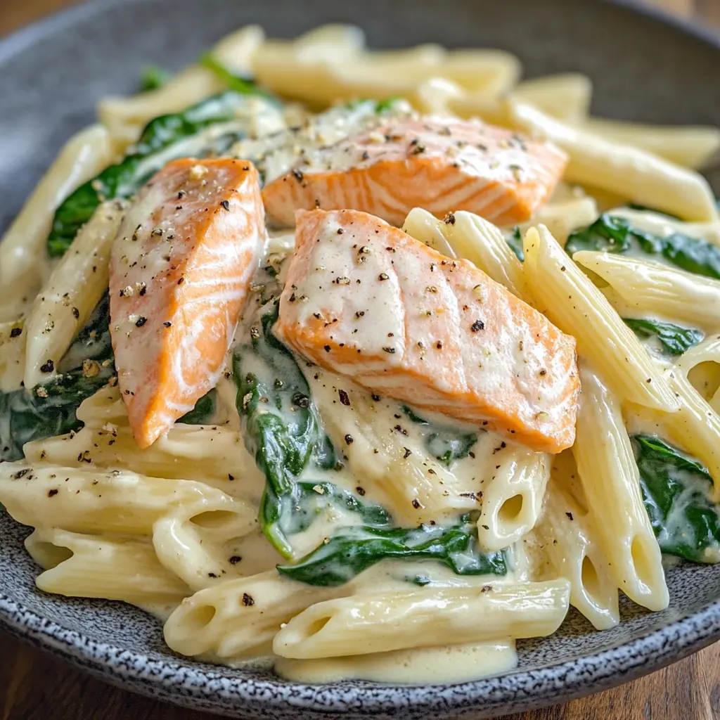 Penne con salmón, espinacas y salsa cremosa fácil.