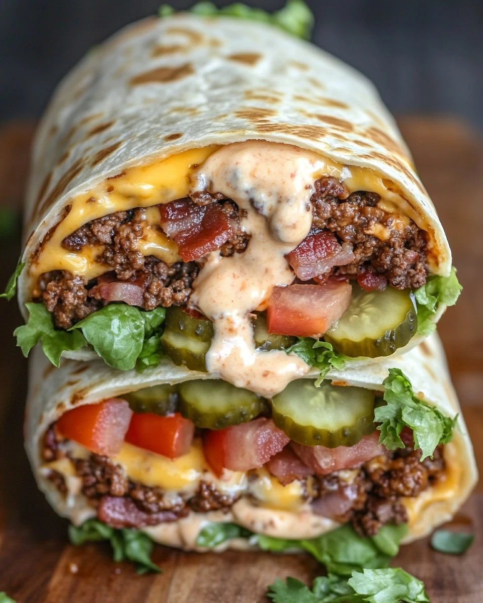 Cheeseburger-Burrito mit Rinder-Bacon und cremiger Käsesauce delicioso.