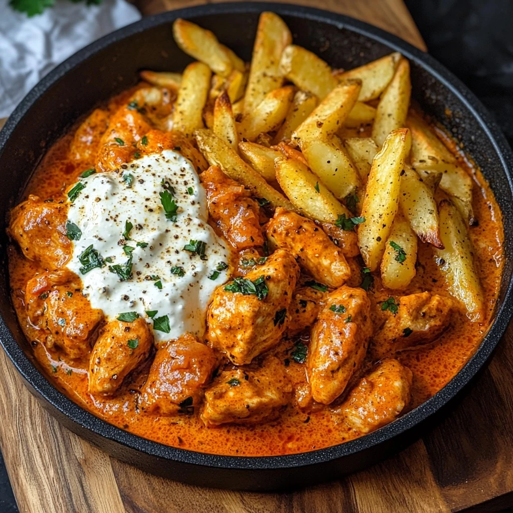 Pollo Mantequilla con Salsa de Ajo y Papas Fritas Crujientes es delicioso.