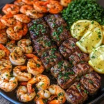 Bocados de Carne con Mantequilla de Ajo y Festín de Camarones