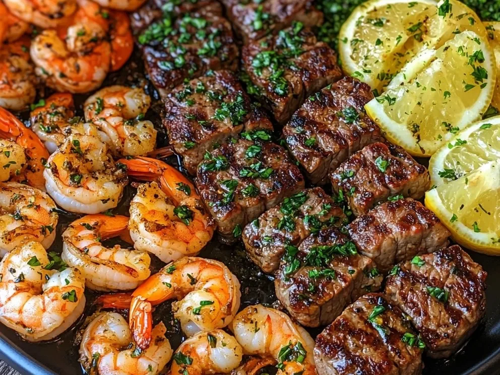Bocados de Carne con Mantequilla de Ajo y Festín de Camarones