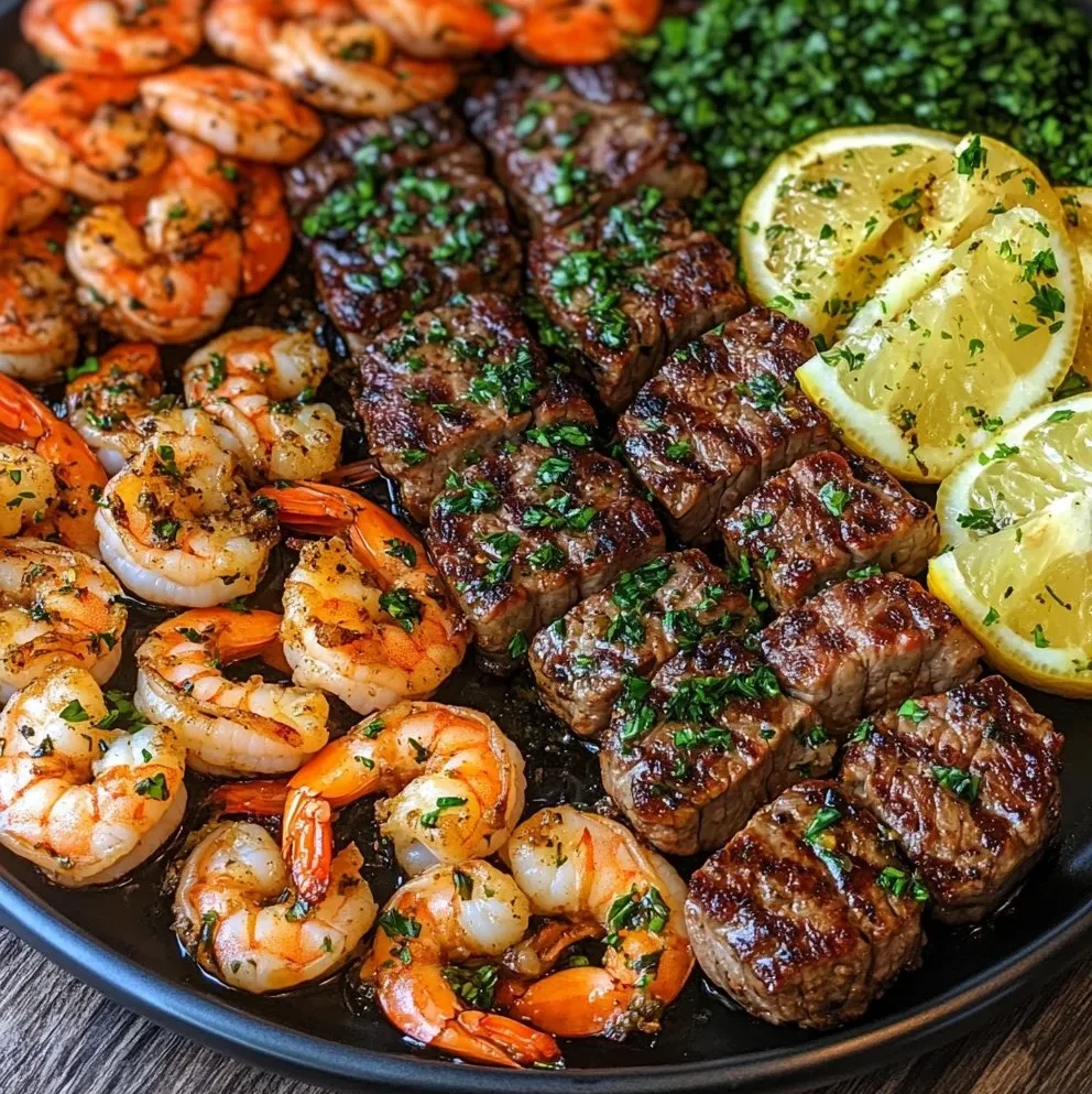 Bocados de Carne con Mantequilla de Ajo y Festín de Camarones