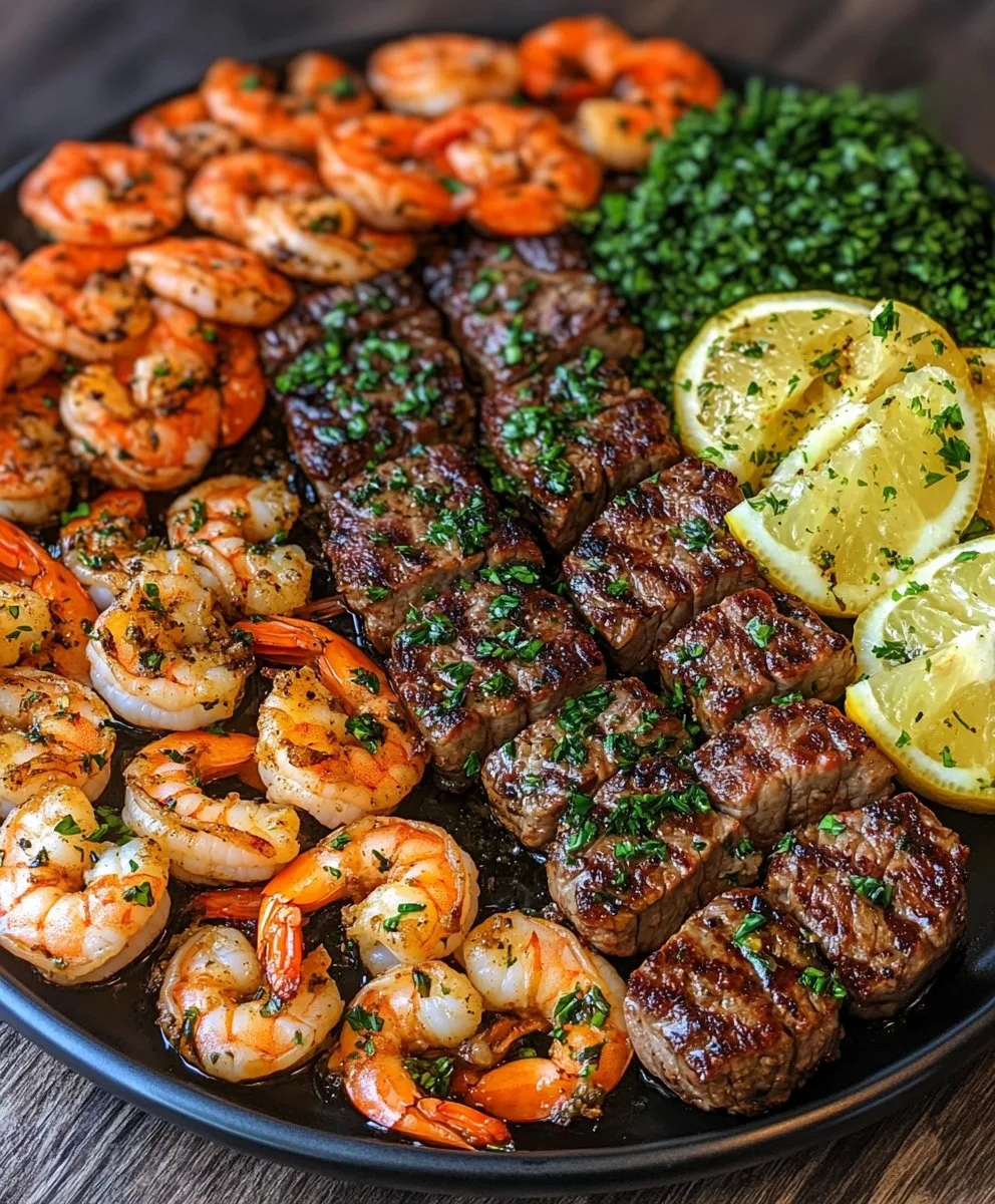 Bocados de Carne con Mantequilla de Ajo y Festín de Camarones