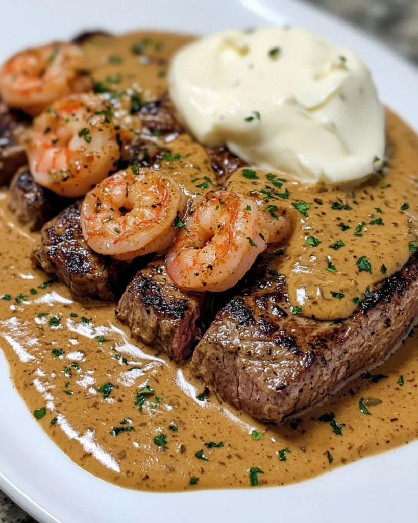 Bistec en salsa cremosa de camarones cajún