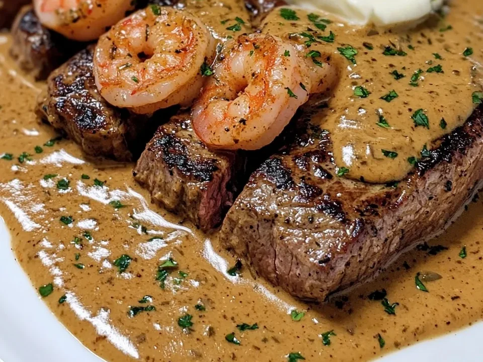 Bistec en salsa cremosa de camarones cajún