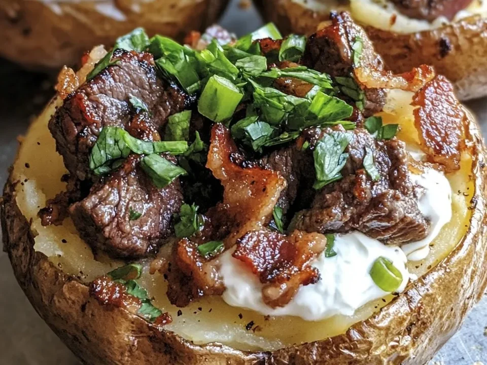 Papas al horno rellenas con trozos de carne