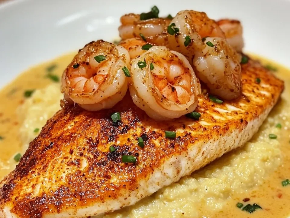 Pargo Rojo, Camarones y Grits con Salsa de Crema Cajún