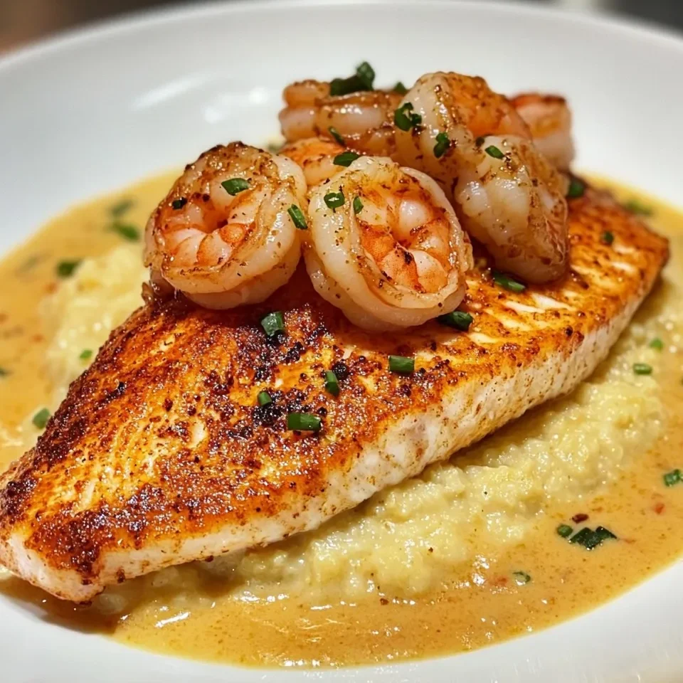 Pargo Rojo, Camarones y Grits con Salsa de Crema Cajún