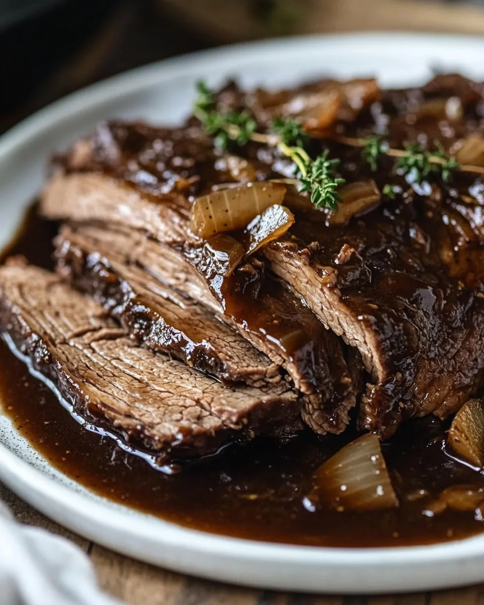 Brisket de Olla de Cocción Lenta con Salsa de Cebolla Balsámica